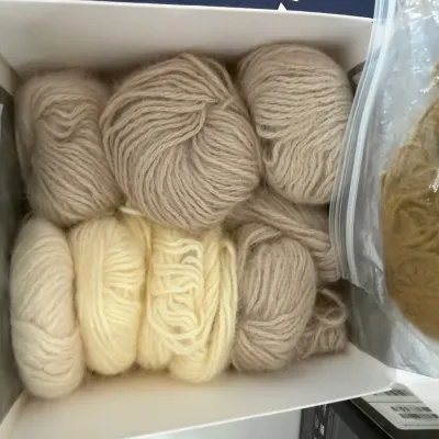 Sale Photo Thumbnail #114: Assortment of knitting yarn skeins in neutral shades of cream, beige, and tan, stored in a white cardboard box.