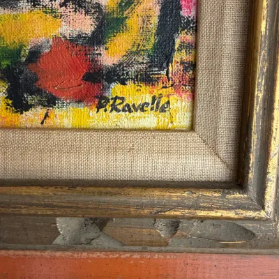 Sale Photo Thumbnail #128: Detail of an abstract oil painting signed "P. Ravelle" in the lower right corner, housed in a gilt wood frame with a linen liner.