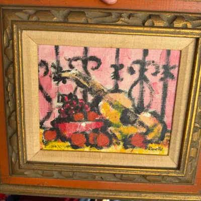 Sale Photo Thumbnail #127: Mid-century expressionist still life oil painting depicting fruit and a lute against a pink background, signed P. Ravelle, housed in an ornate gilt and wood frame.