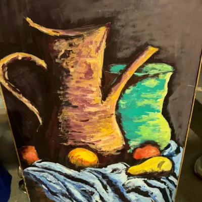 Sale Photo Thumbnail #201: Mid-century expressionist still life oil painting on canvas, depicting pitchers and fruit with bold brushstrokes and vibrant colors, signed by the artist in the lower right corner.