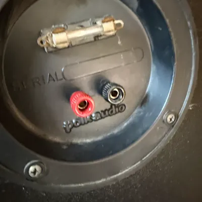 Rear terminal cup of a vintage Polk Audio speaker, featuring red and black binding posts and an integrated fuse holder.