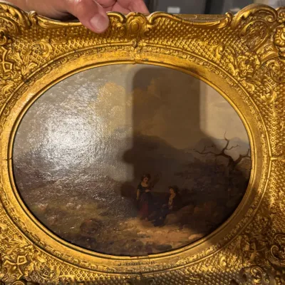 Sale Photo Thumbnail #191: Antique oil painting by J. Horlor depicting figures in a landscape, housed in an ornate, heavily detailed gilt gesso frame.