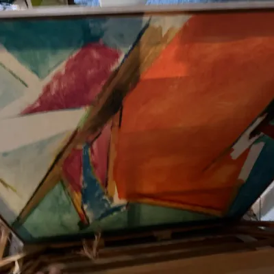 Sale Photo Thumbnail #208: Large mid-century abstract expressionist oil painting on canvas, featuring bold geometric blocks of orange, teal, and magenta.