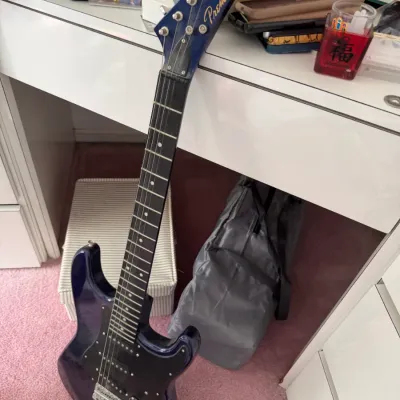 Sale Photo Thumbnail #117: Premier electric guitar in a metallic purple finish, featuring a black pickguard and a reverse headstock.