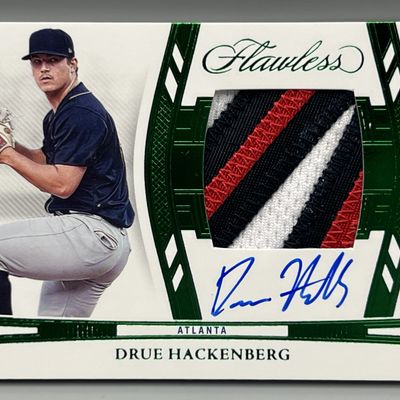 Sale Photo Thumbnail #166: 2024 Panini Flawless Drue Hackenberg On Card Three Color Emerald Green Rookie Patch Auto #/5