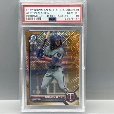 Sale Photo Thumbnail #169: 2022 Bowman Chrome Austin Martin Mega Box Gold Refractor #/50 PSA Gem Mint 10