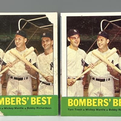 Sale Photo Thumbnail #63: (Lot Of 2)  1963 Topps #173 Bombers' Best W/ Mickey Mantle - Paper loss on one, Other is a miscut