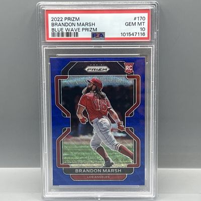 Sale Photo Thumbnail #179: 2022 Panini Prizm Brandon Marsh Blue Wave Prizm Refractor RC #/60 PSA Gem Mint 10