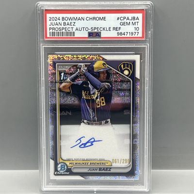 Sale Photo Thumbnail #188: 2024 Bowman Chrome Juan Baez 1st Bowman Speckle Refractor RC Auto #/299 PSA Gem Mint 10