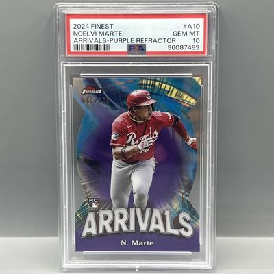 Sale Photo Thumbnail #182: 2024 Topps Finest Noelvi Marte Arrivals Purple Die Cut Refractor RC #/125 PSA Gem Mint 10