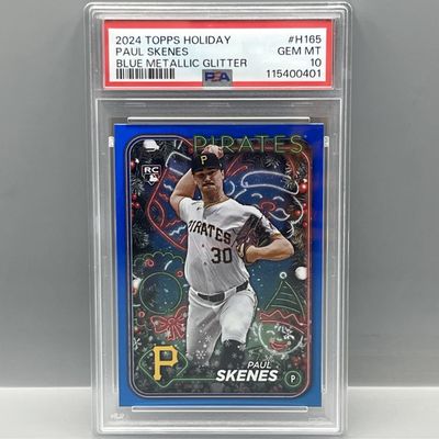 Sale Photo Thumbnail #192: 2024 Topps Holiday Paul Skenes Blue Metallic Glitter RC #H165 PSA Gem Mint 10
