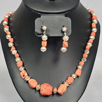 Sale Photo Thumbnail #115: Southwestern Silver Branch Coral Necklace & Earrings