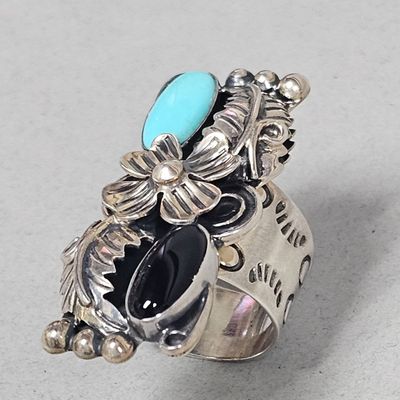 Sale Photo Thumbnail #94: Sterling Turquoise & Onyx Flower Ring 17.4 Grams