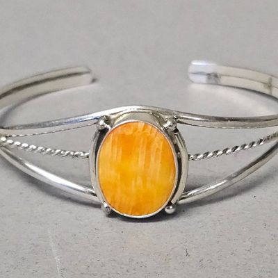 Sale Photo Thumbnail #194: Navajo Orange Spiny Oyster Shell Sterling Cuff 7.8 Grams