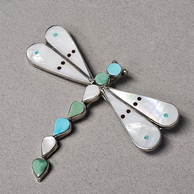 Sale Photo Thumbnail #185: Angus Akiyite Zuni Sterling Inlaid Dragonfly 12.8 Grams