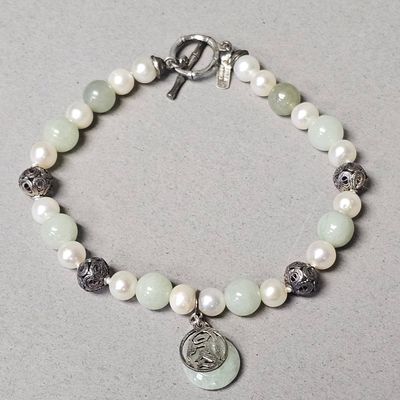 Sale Photo Thumbnail #403: Sterling Pearl & Chinese Jade Bracelet 18.0 Grams