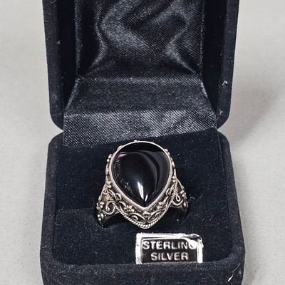Sale Photo Thumbnail #83: Indonesia Sterling Filigree Onyx Teardrop Ring 15.3 Grams