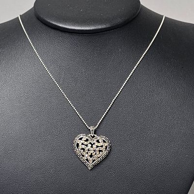 Sale Photo Thumbnail #397: Sterling Marcasite & Gemstone Heart Necklace 6.0 Grams
