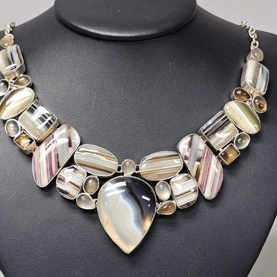 Sale Photo Thumbnail #399: Sterling Banded Agate Statement Necklace 91.0 Grams