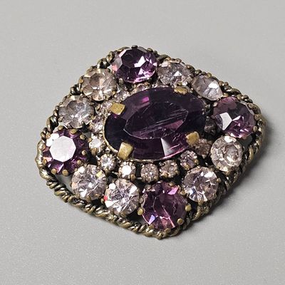 Sale Photo Thumbnail #485: Austria Brass & Purple Rhinestone Lozenge Brooch
