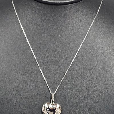 Sale Photo Thumbnail #111: Sterling Etched Heart Locket Necklace 4.0 Grams