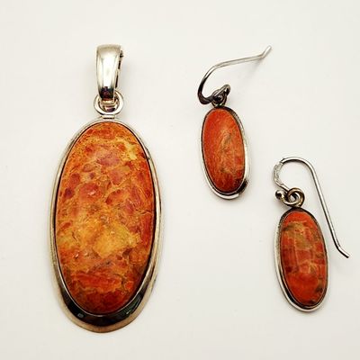 Sale Photo Thumbnail #224: Barse Sterling Coral Pendant & Earrings 25.3 Grams