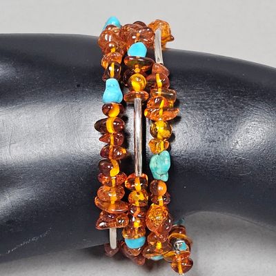 Sale Photo Thumbnail #157: Sterling Amber & Turquoise Wrap Bracelet 14.8 Grams