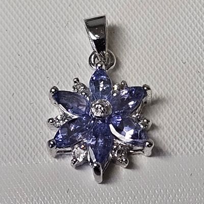 Sale Photo Thumbnail #415: Sterling Tanzanite & Diamond  Floral Pendant 1.4 Grams