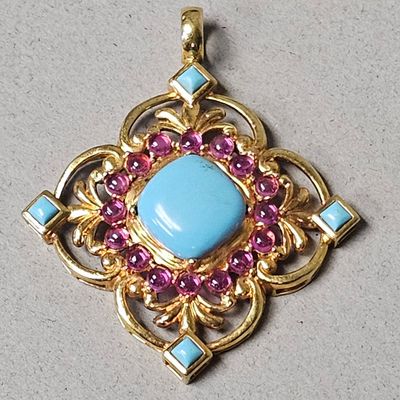Sale Photo Thumbnail #437: Sterling Ornate Turquoise & Pink Stone Pendant 9.6 Grams