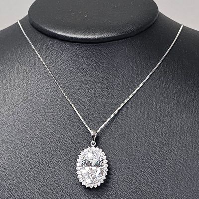 Sale Photo Thumbnail #492: Sterling Oval Halo Pendant Necklace 10.7 Grams