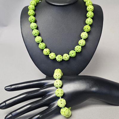 Sale Photo Thumbnail #405: 14K Carved Green Stone Necklace & Bracelet 174.6 Grams