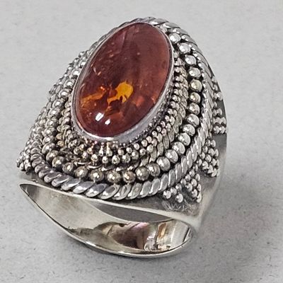 Sale Photo Thumbnail #65: Sterling Ornate Amber Statement Ring 12.9 Grams