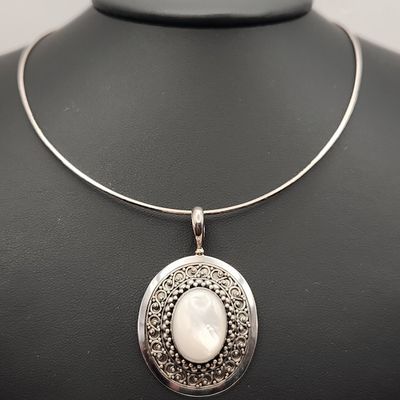 Sale Photo Thumbnail #369: Sterling Mother-of-Pearl Filigree Necklace 23.1 Grams