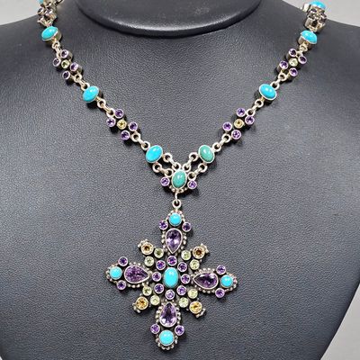 Sale Photo Thumbnail #82: Nicky Butler Sterling Raj Collection Gemstone Cross Necklace 50.3 Grams