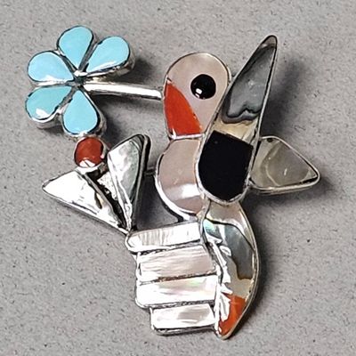 Sale Photo Thumbnail #186: Zuni Sterling Multi-Stone Inlay Hummingbird Brooch 4.9 Grams