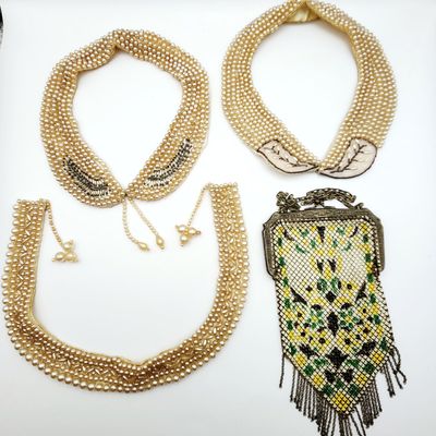 Sale Photo Thumbnail #202: Antique Faux Pearl Collars & Painted Mesh Purse