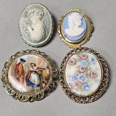 Sale Photo Thumbnail #119: 4 Gold-Tone Cameo & Ceramic Brooches