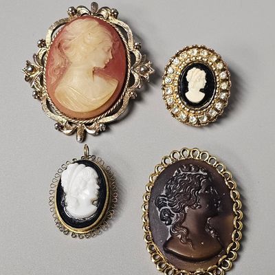 Sale Photo Thumbnail #487: Collection of Vintage Cameo Brooches & Pendants