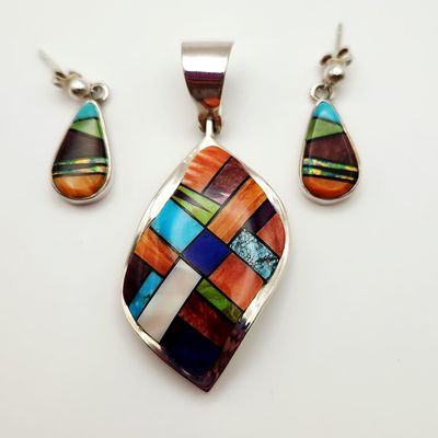 Sale Photo Thumbnail #205: Sterling Inlay Pendant & Earrings 21.2 Grams