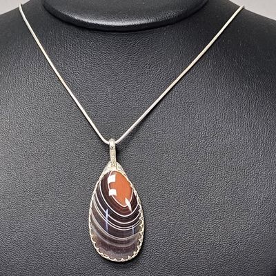 Sale Photo Thumbnail #398: S. Millard Sterling Banded Agate Pendant Necklace 20.9 Grams