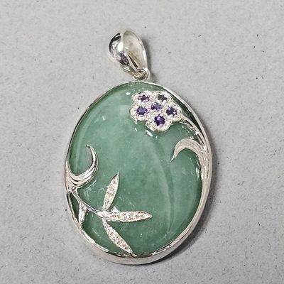 Sale Photo Thumbnail #150: Sterling Jadeite Floral Pendant 14.2 Grams