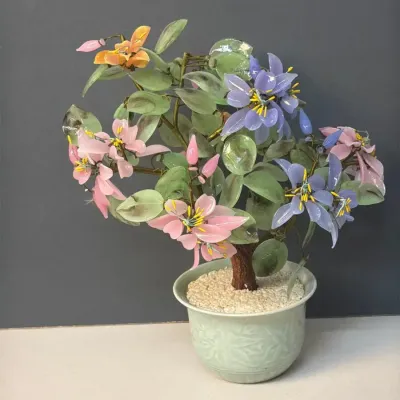 Decorative Bonsai Tree W/ Delicate Pink & Lavender Glass Blossoms 