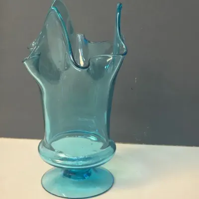 Bischoff Stretch Glass Vase Blue Pedestal Handkerchief 