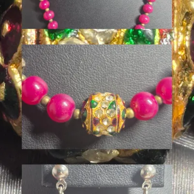 Vintage bright pink/magenta beaded necklace and matching earring set ~~ 2 sets earrings