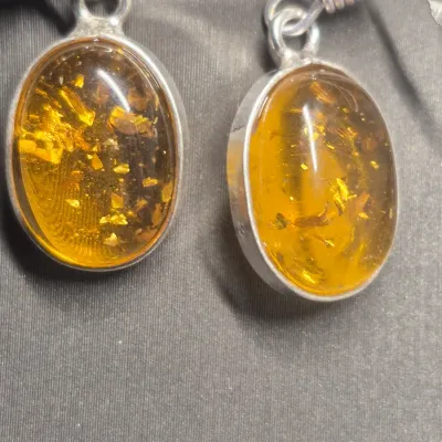 Vintage Amber charm Necklace w/woven chain & Amber Earrings match