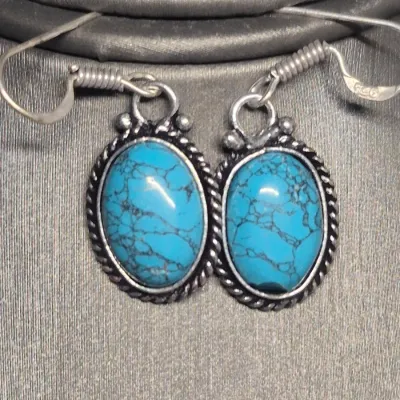 Vintage Artisan bench made turquoise Pendant w/ matching earrings ~ all marked 925