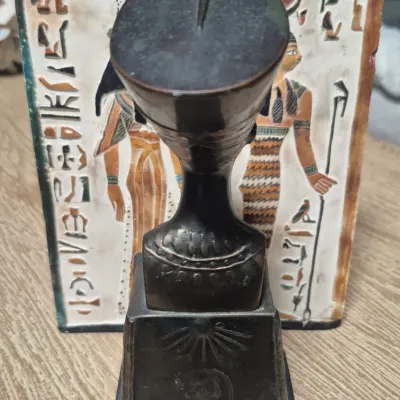 Vintage Egyptian Revival Nefertiti ~ metal bronzed bust statue w/Decorative tile