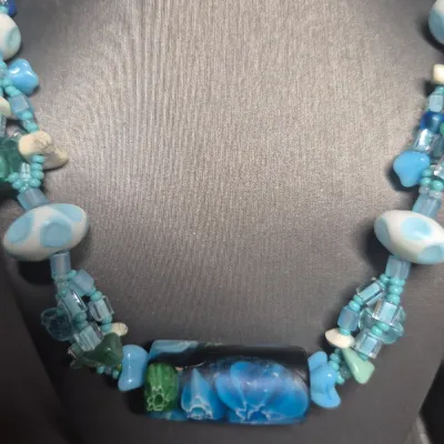 Have one tVintage Sky Blue Art Glass Beaded Necklace Pullover 24" & barrel Necklace set w/ earrings
