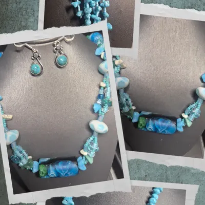 Have one tVintage Sky Blue Art Glass Beaded Necklace Pullover 24" & barrel Necklace set w/ earrings