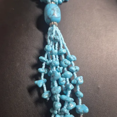 Have one tVintage Sky Blue Art Glass Beaded Necklace Pullover 24" & barrel Necklace set w/ earrings